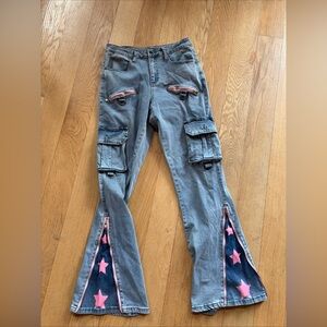 HOT TOPIC Denim Flare Jeans Pants Womens 7 Pink Stars Punk Gothic Goth Y2k Vibe